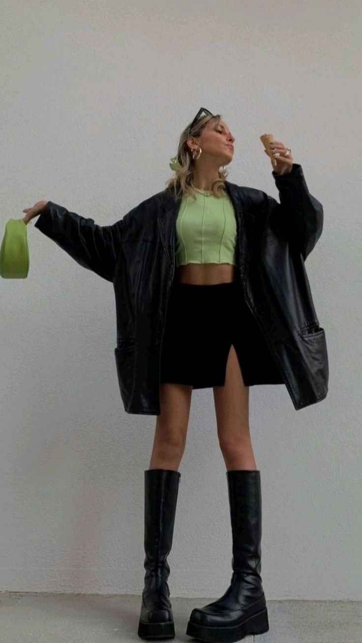 Green Crop Top with Black Mini Skirt and Oversized Black Jacket